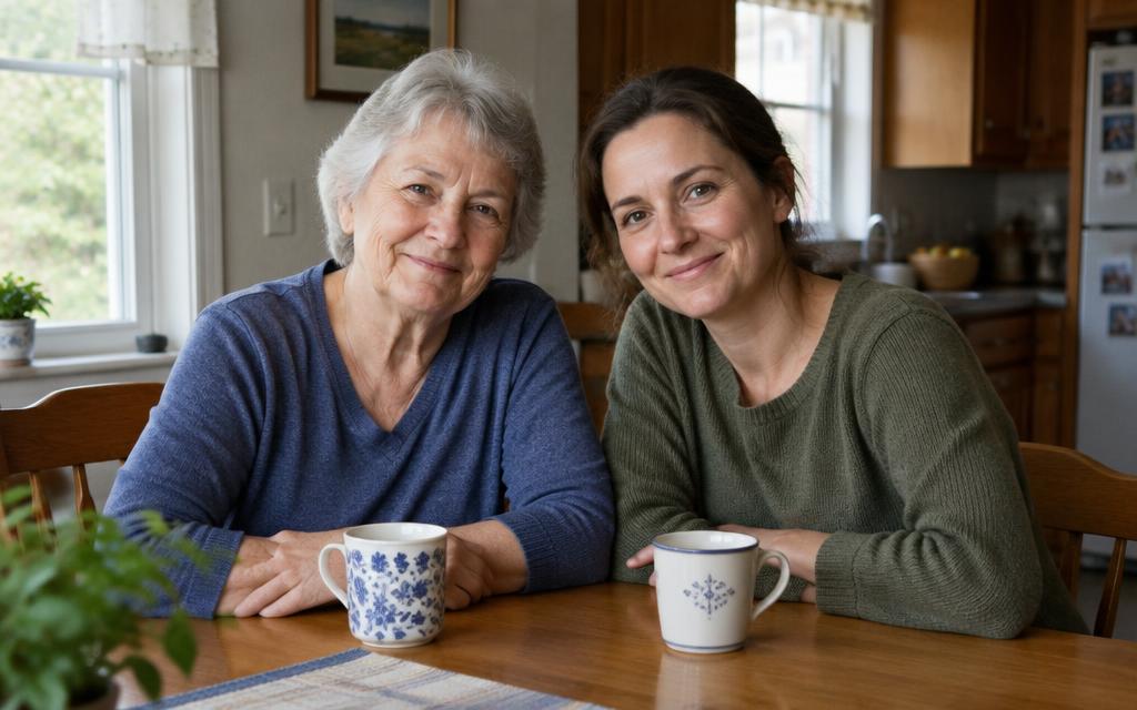 An older parent and her adult daughter spending time together at home